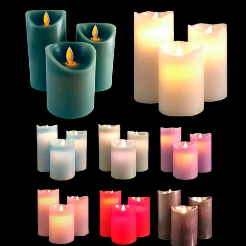 LED blok stearinlys - 3 stk. - 12/15/17 cm - m/3D flamme - (Flere farver)