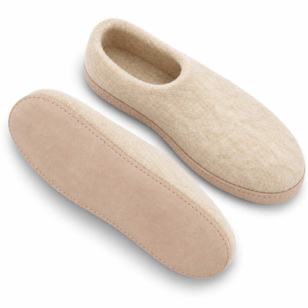 Uldhjemmesko (100% ren uld) - Model beige m/sål i skind