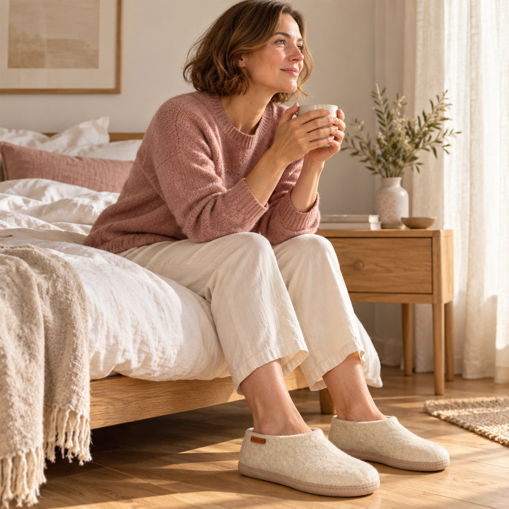Uldhjemmesko (100% ren uld) - Model beige m/sål i skind