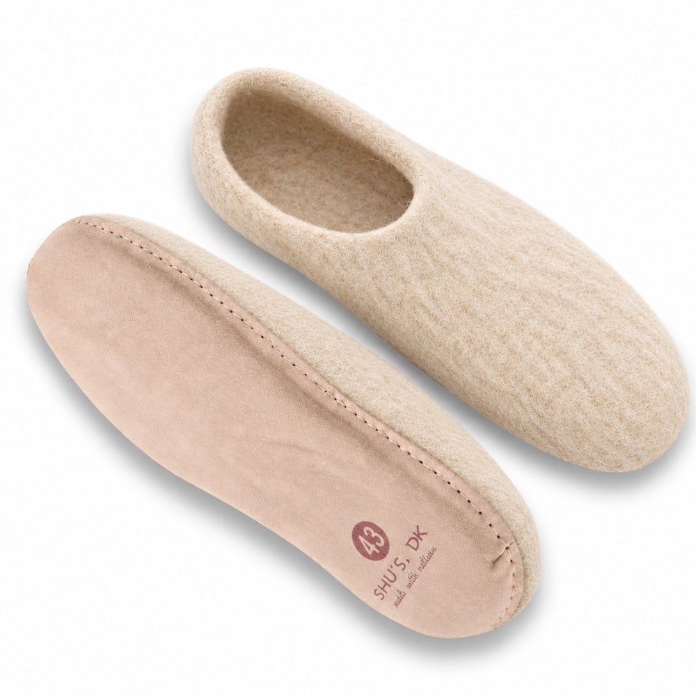 Uldtøffel (100% ren uld) - Model Beige m/sål i skind