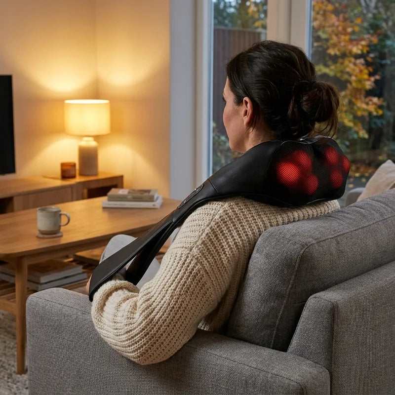 Kvinde i sofaen set bagfra med nakkemassagepuden om nakke og skuldre