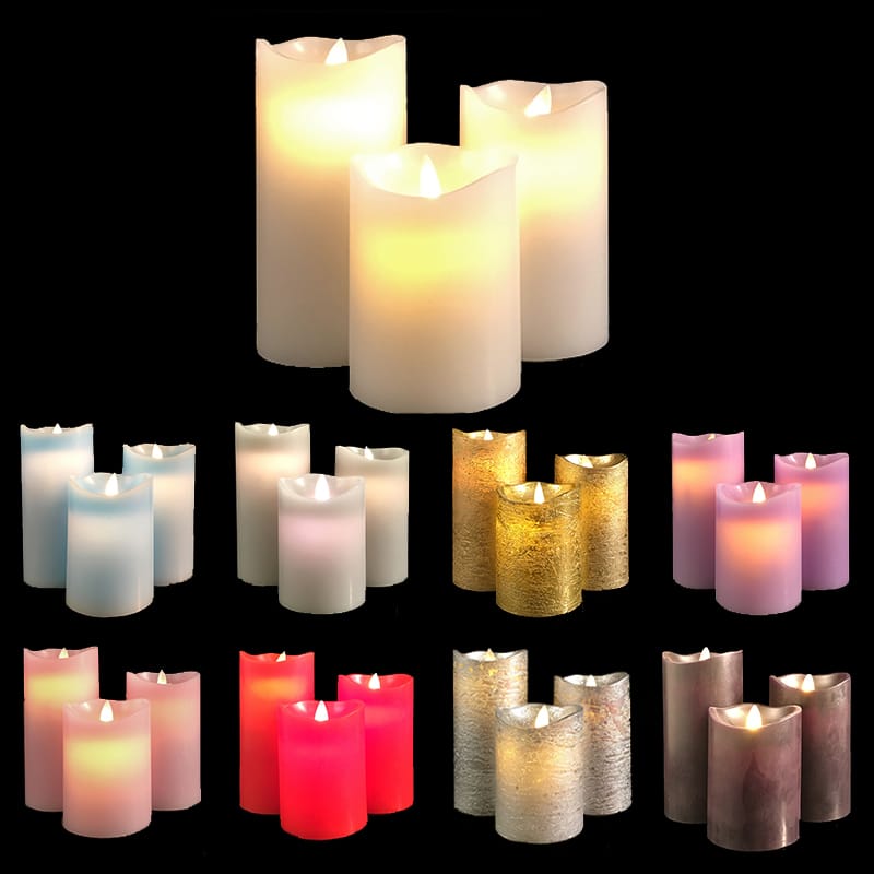 LED blok stearinlys – 3 stk. – 12/15/17 cm – m/3D flamme – (Flere farver)