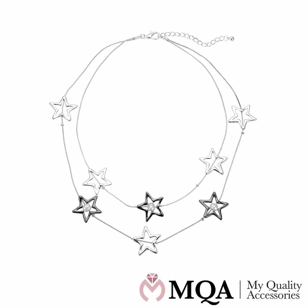 Billede af Halskæde sølvfarvet, dobbelt, stjerner og perler, justerbar