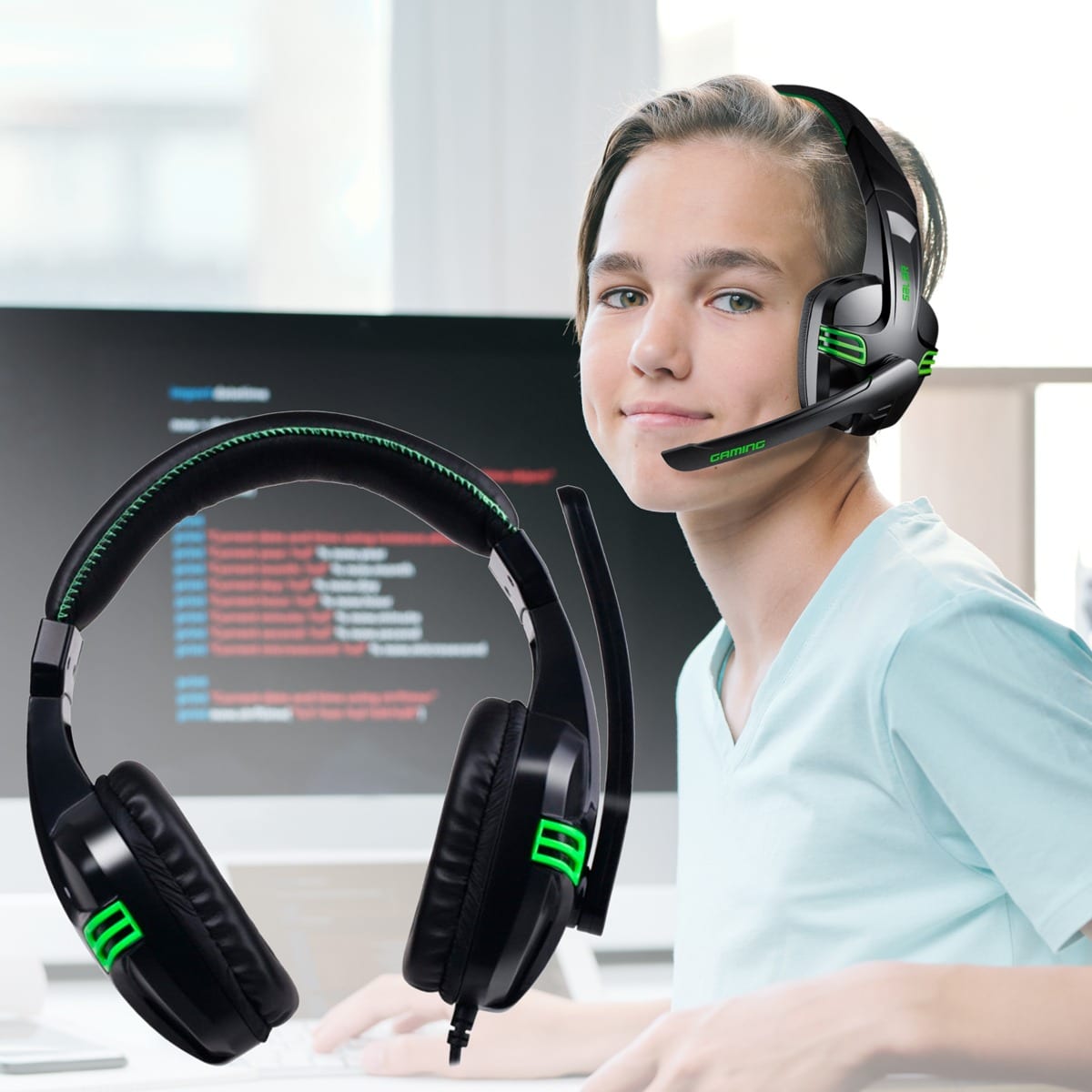 Gamer PC Headset m/mikrofon og stereo lyd - sort/grøn -