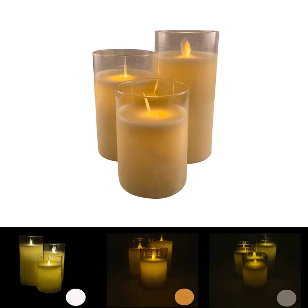 LED stearinlys i glas – 3 stk. – 12/15/17 cm – m/3D flamme – (flere farver)