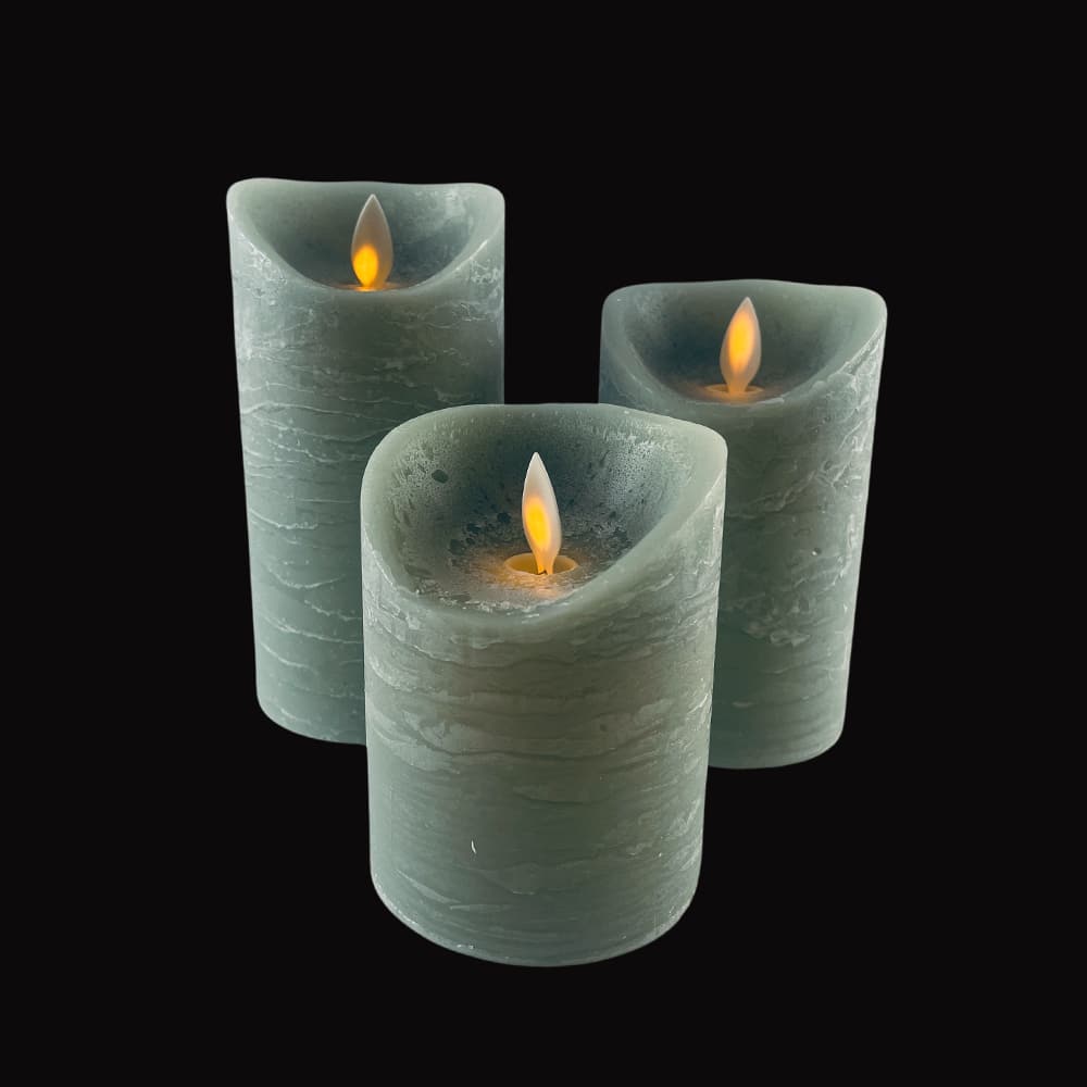 LED blok stearinlys – RUSTIK – 3 stk. – 10/12,5/15 cm – m/3D flamme – (flere farver)