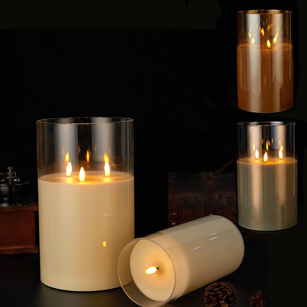 LED Stearinlys med 3 flammer -1 stk. – Ø15 x 25 cm – Guld, Grå eller Hvid